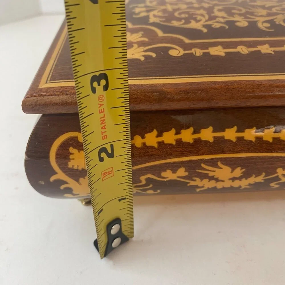 Vintage Wooden Inlaid Music Jewelry Box Ornate‎ Floral Design Red Velvet MCM